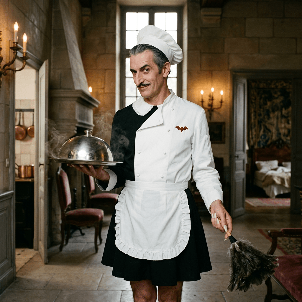 Man wearing a split chef and maid uniform holding a steaming covered dish in one hand and a feather duster in the other