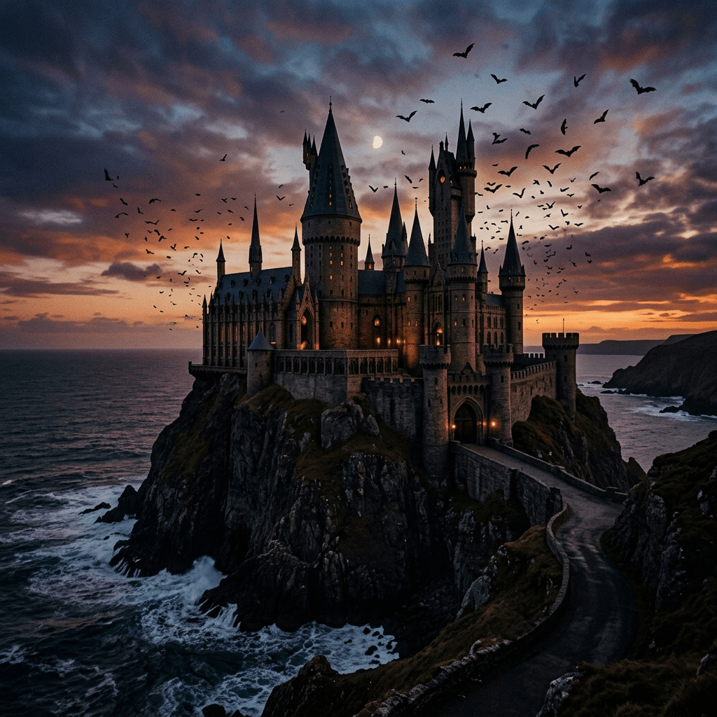 Gothic castle on rocky cliffs by ocean at sunset with birds flying overhead