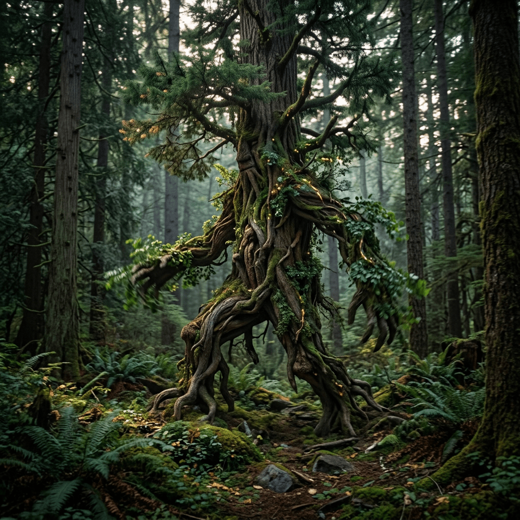 Tree creature made of twisted roots and glowing moss in dense forest