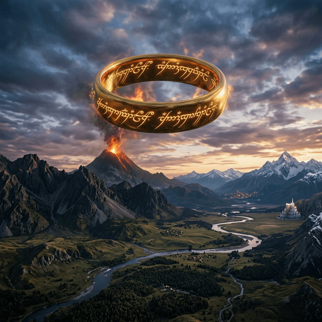 Golden ring with glowing runes hovering above erupting volcano and fantasy valley landscape
